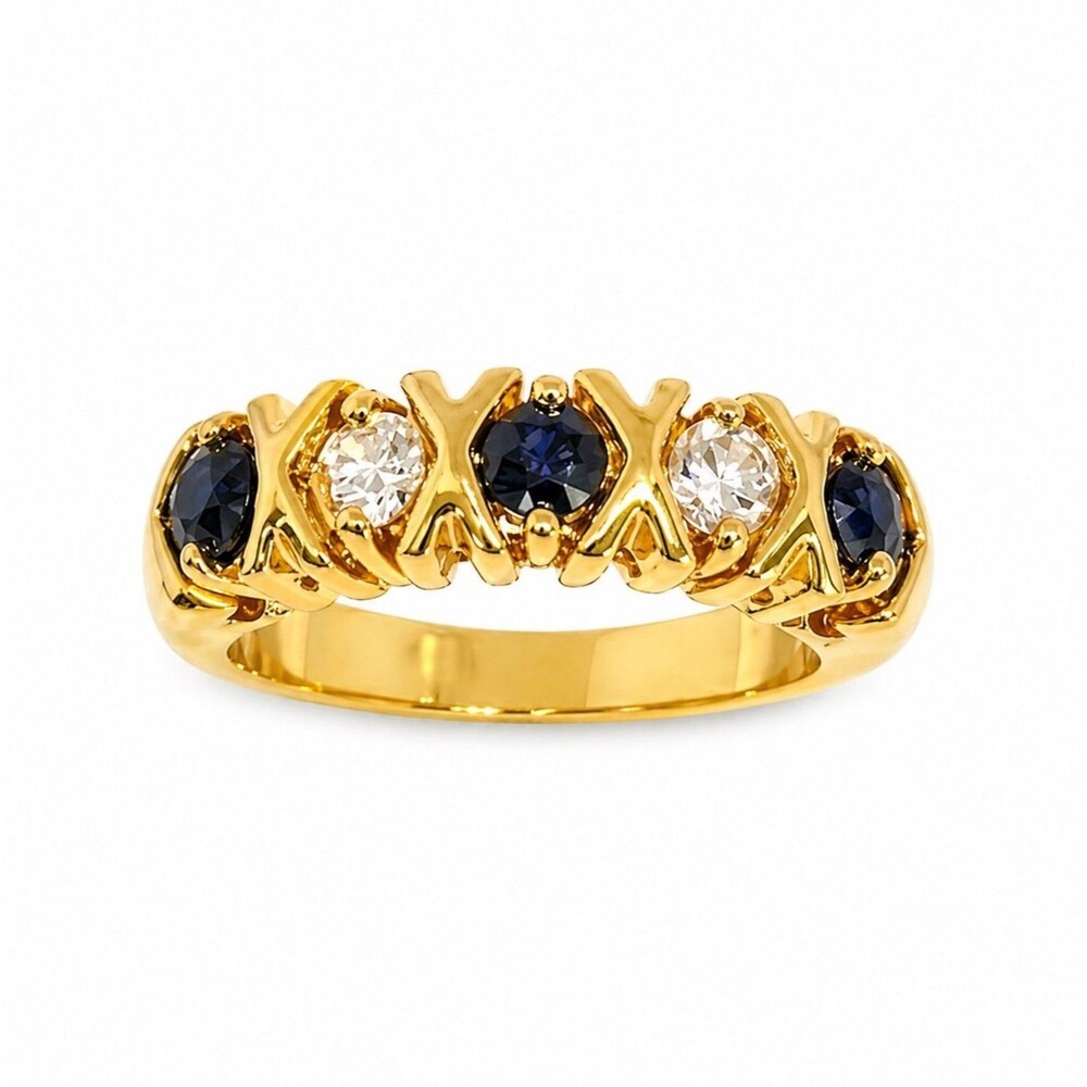 Vintage 1980s Ring Size 6 Uncas Genuine Sapphire XOXO Band CZ Gold Plated - 14I